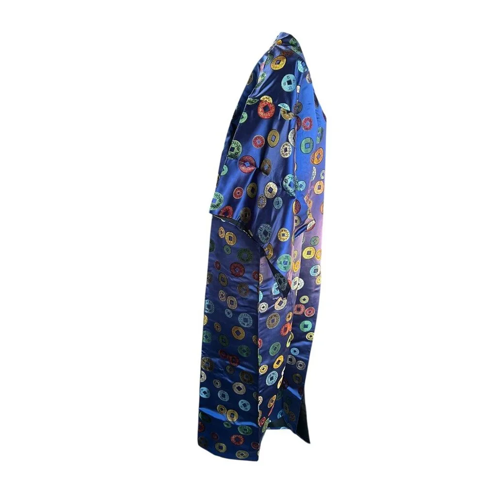 Kimono Royal Blue Satin With Multicolor Brocade Motifs Women’s Size 16 18New - Picture 3 of 12